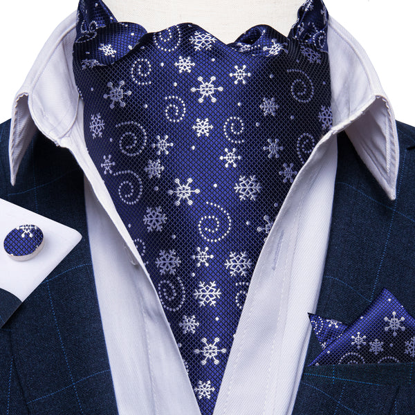 Christmas Dark Blue White Snowflake Silk Ascot Pocket Square Cufflinks Set