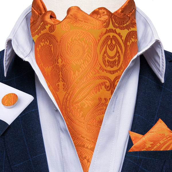 Orange Paisley Silk Men's Ascot Pocket Square Cufflinks Set