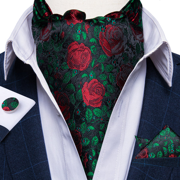 Red Green Black Floral Rose Silk Ascot Pocket Square Cufflinks Set