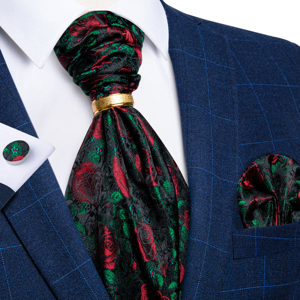 Red Green Black Floral Rose Ascot Pocket Square Cufflinks Set with Tie Ring