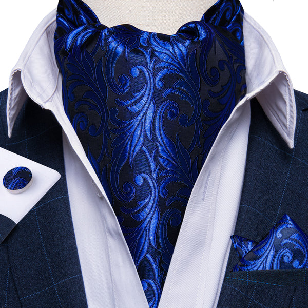 Klein Blue Floral Silk Ascot Pocket Square Cufflinks Set