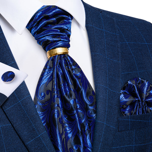 Klein Blue Floral Ascot Pocket Square Cufflinks Set with Tie Ring