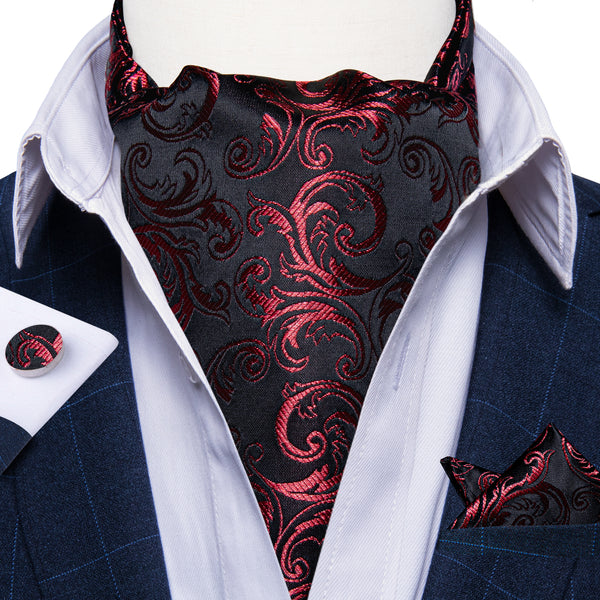 Black Wine Red Floral Silk Ascot Pocket Square Cufflinks Set