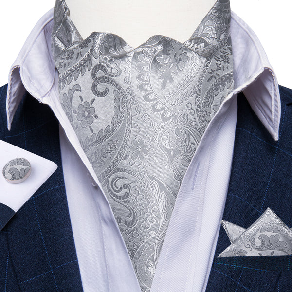 Sliver Grey Paisley Silk Ascot Pocket Square Cufflinks Set