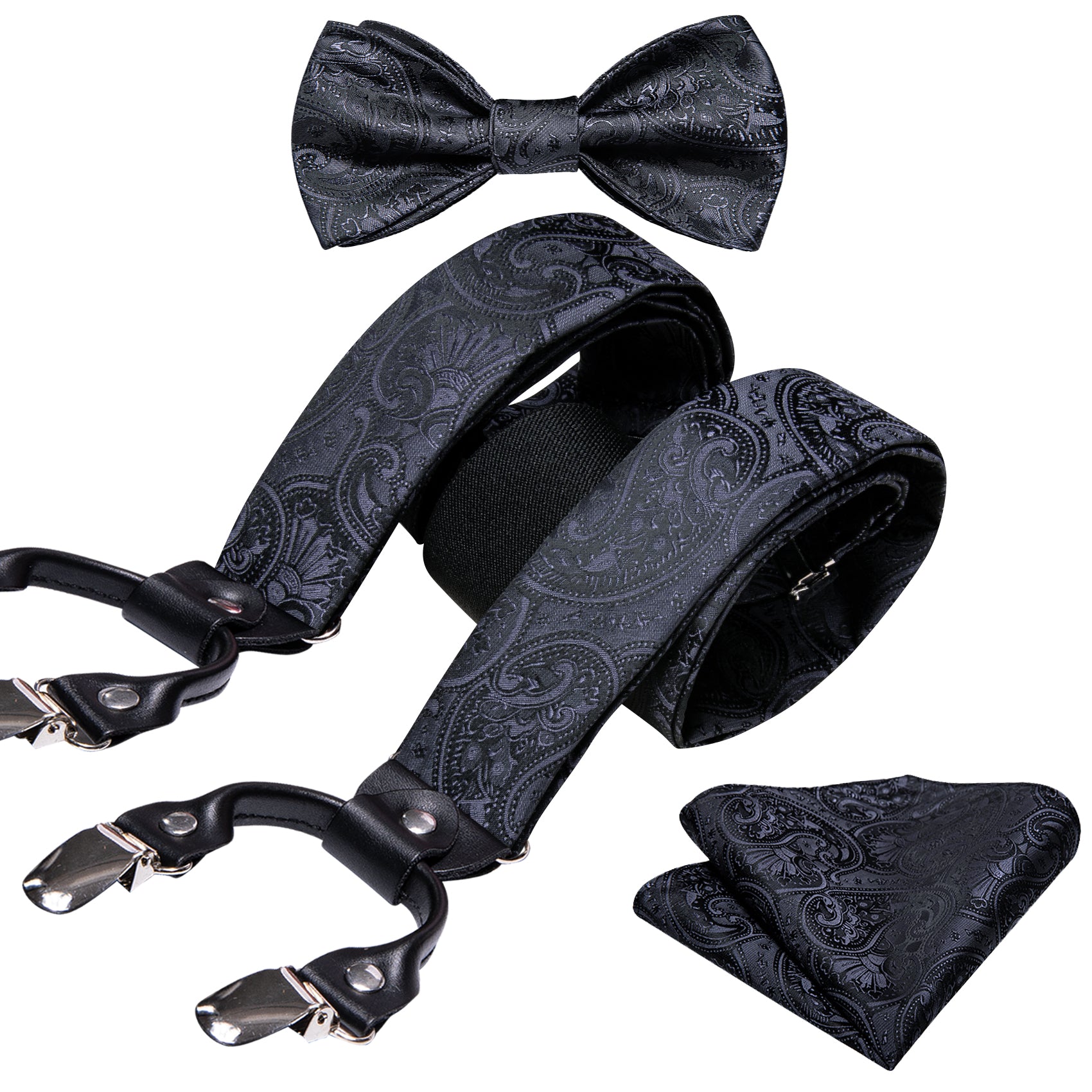 Black Paisley Y Back Brace Clipon Men's Suspender with Bow Tie Set
