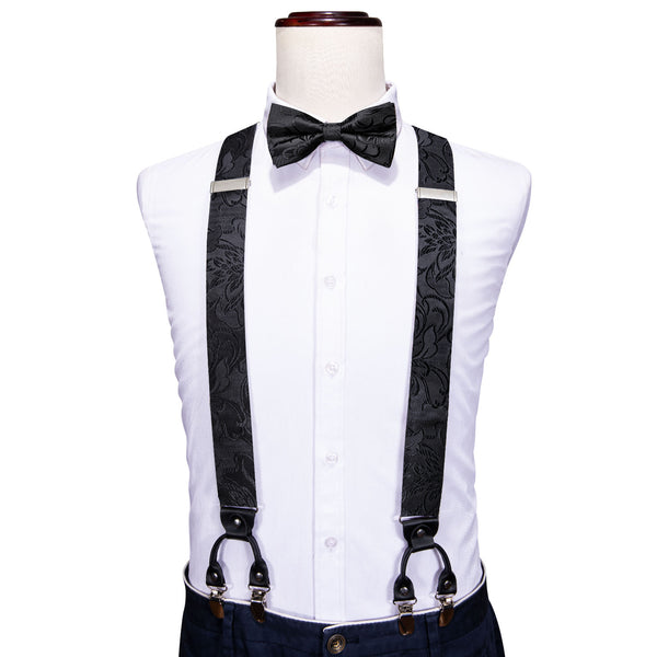 Black Floral Y Back Brace Clip-on Men Suspender with Bow Tie Set