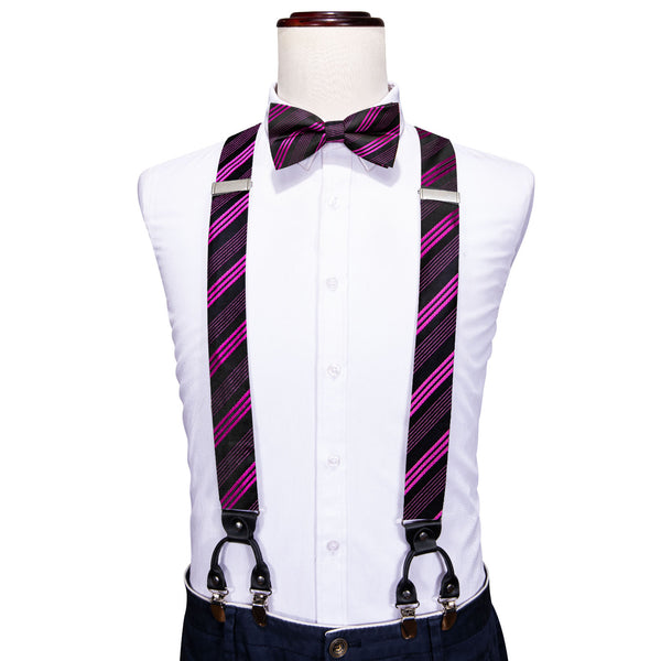 Purple Black Striped Y Back Brace Clip-on Men's Suspender with Bow Tie Set
