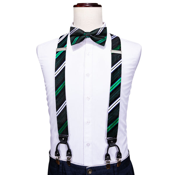 Green White Blue Striped Y Back Brace Clip-on Men's Suspender with Bow Tie Set