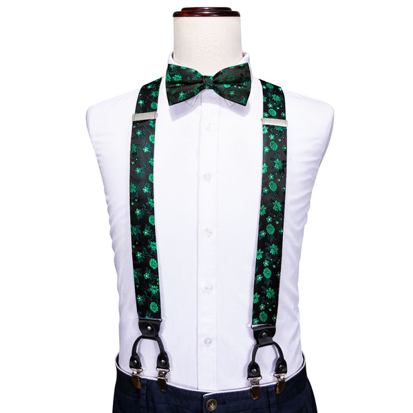 Shiny Green Black Floral Flower Y Back Brace Clip-on Men's Suspender with Bow Tie Set