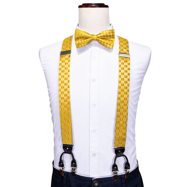 Yellow Plaid Y Back Brace Clip-on Men's Suspender with Bow Tie Set