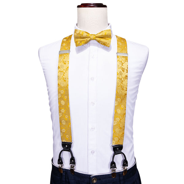 Yellow Floral Y Back Brace Clip-on Men's Suspender with Bow Tie Set