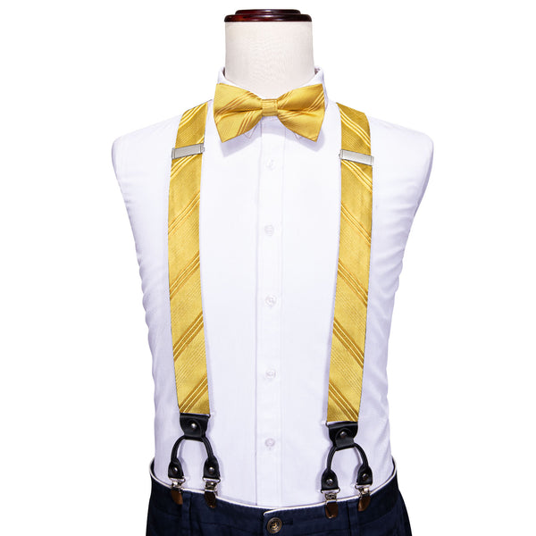 Yellow Gold Striped Y Back Brace Clip-on Men's Suspender with Bow Tie Set