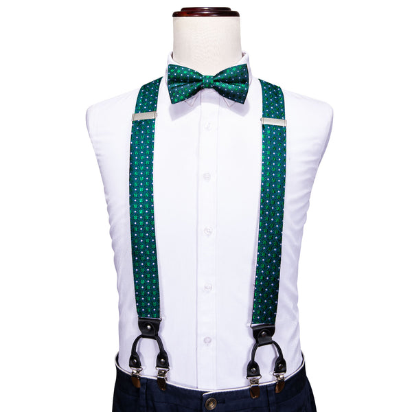 Green Blue White Striped Y Back Brace Clip-on Men's Suspender with Bow Tie Set