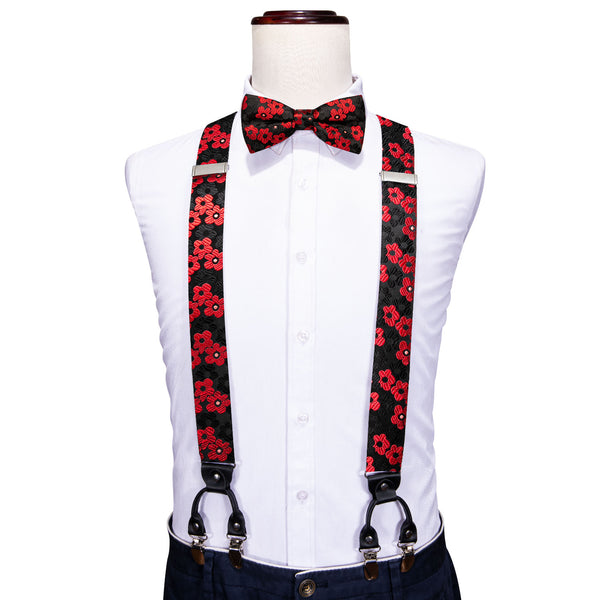 Red Black Floral Flower Y Back Brace Clip-on Men's Suspender with Bow Tie Set