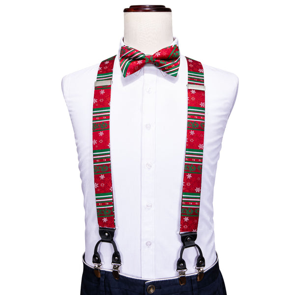 Red Green White Snowflake Novelty Y Back Brace Clip-on Men's Suspender with Bow Tie Set