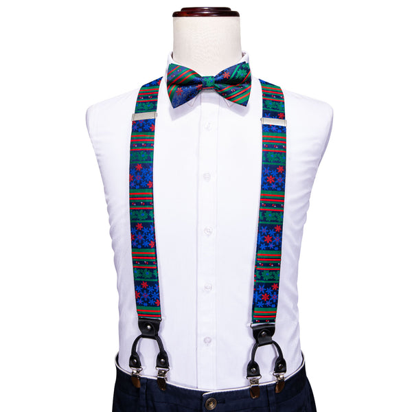Blue Red Green Snowflake Novelty Y Back Brace Clip-on Men's Suspender with Bow Tie Set