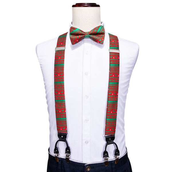 Christmas Green White Red Snowflake Deer Novelty Y Back Brace Clip-on Men's Suspender with Bow Tie Set