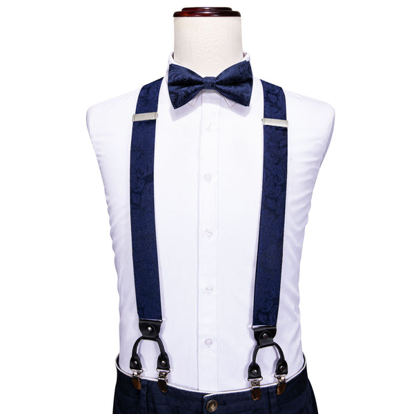 Navy Blue Paisley Y Back Brace Clip-on Men's Suspender with Bow Tie Set