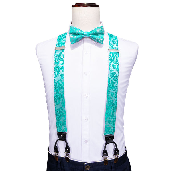 Aqua Paisley Y Back Brace Clip-on Men's Suspender with Bow Tie Set
