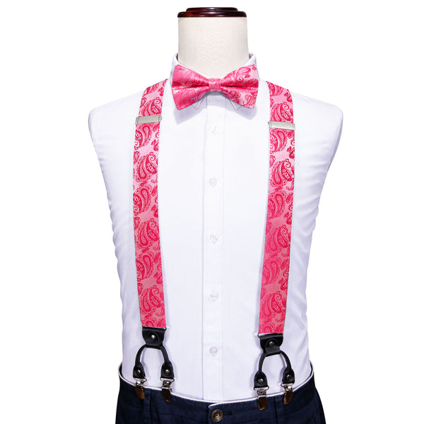 Pink Paisley Y Back Brace Clip-on Men's Suspender with Bow Tie Set