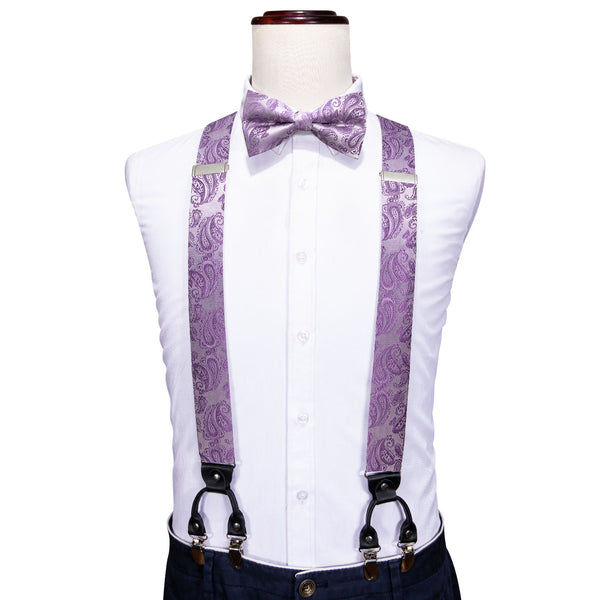 Purple Paisley Y Back Brace Clip-on Men's Suspender with Bow Tie Set