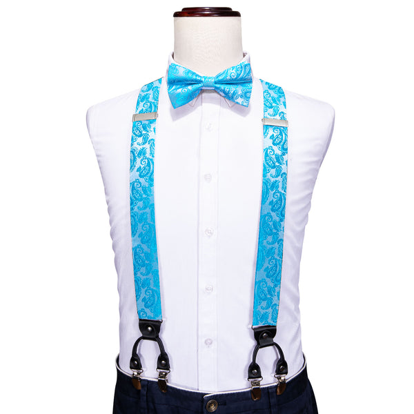 Blue Paisley Y Back Brace Clip-on Men's Suspender with Bow Tie Set