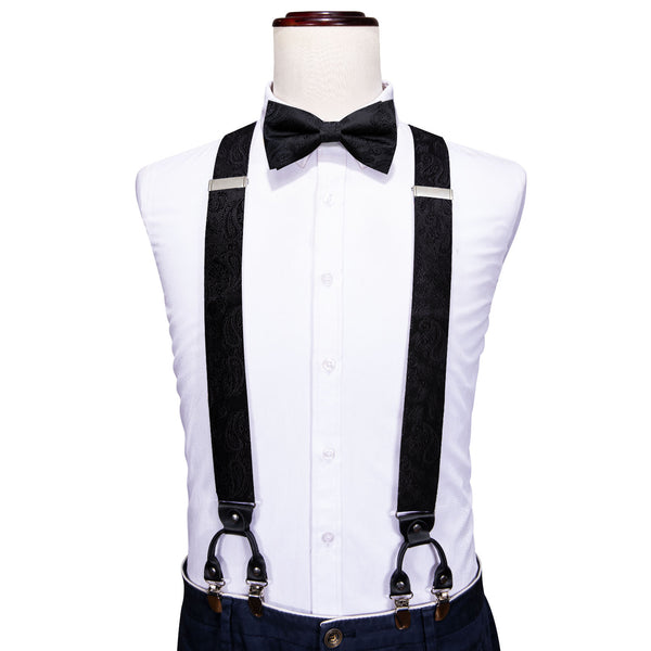 Black Paisley Y Back Brace Clip-on Men's Suspender with Bow Tie Set
