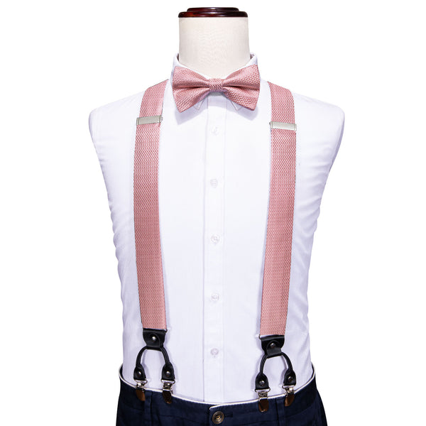Rose Pink Novelty Woven Y Back Brace Clip-on Men's Suspender with Bow Tie Set