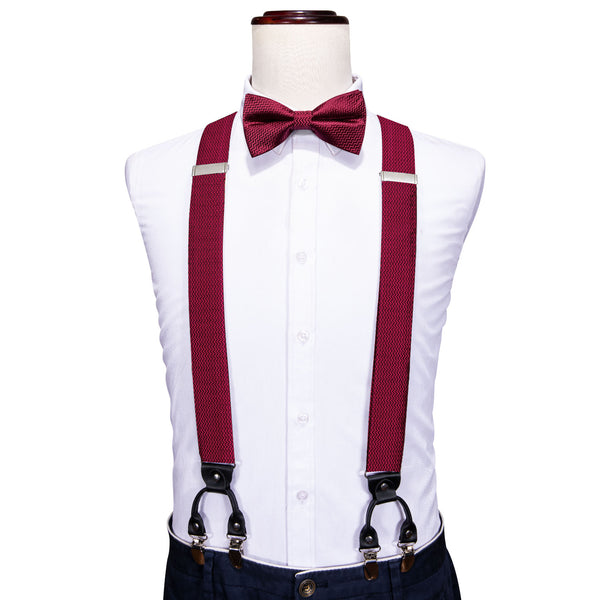 Burgundy Novelty Woven Y Back Brace Clip-on Men's Suspender with Bow Tie Set