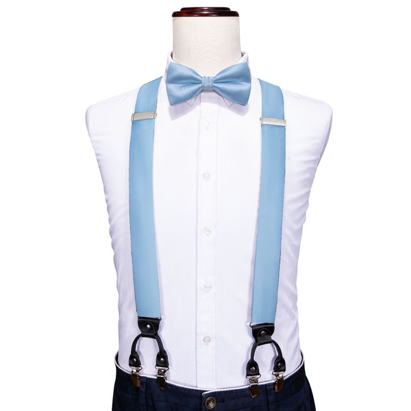 Baby Blue Solid Y Back Brace Clip-on Men's Suspender with Bow Tie Set