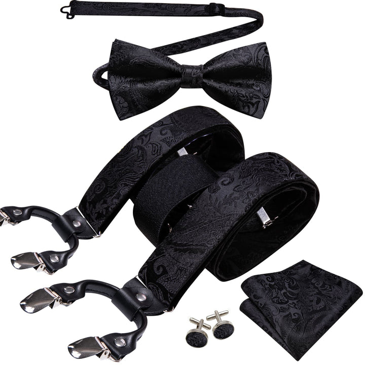 black paisley silk mens suspender bow tie set for dress suit