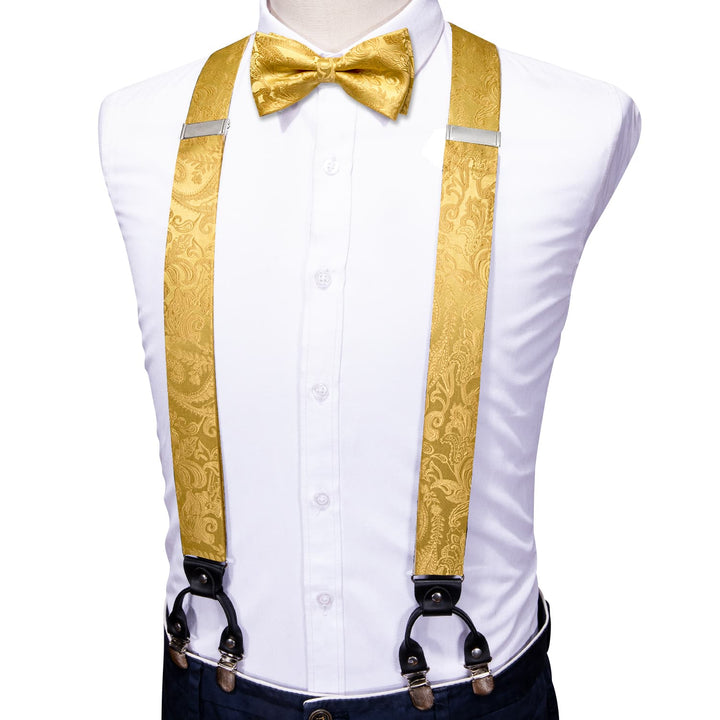 Yellow Floral Y Back Brace Clip-on Mens Suspender Bow Tie Set