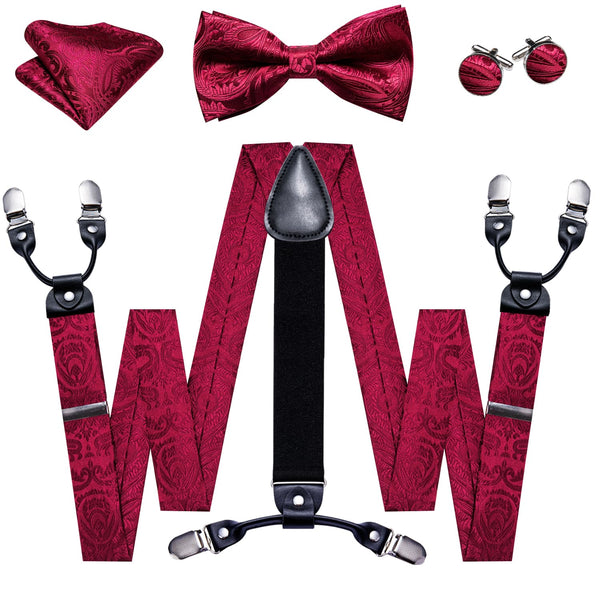 Burgundy Red Paisley Y Back Brace Clip-on Mens Suspender Bow Tie Pocket Square Cufflinks Set