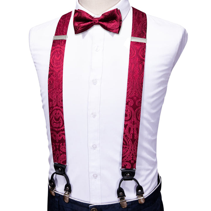 Burgundy Red Paisley Y Back Brace Clip-on Mens Suspender Bow Tie Pocket Square Cufflinks Set