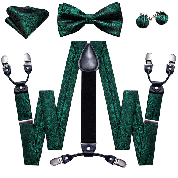  Pine Green Floral Y Back Brace Clip-on Mens Suspender Bow Tie Set