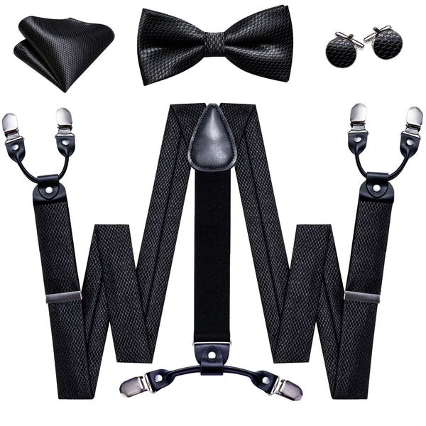 Suspenders for Men Classic Black Geometric Y Back Brace Clip-on Suspender Bow Tie Set