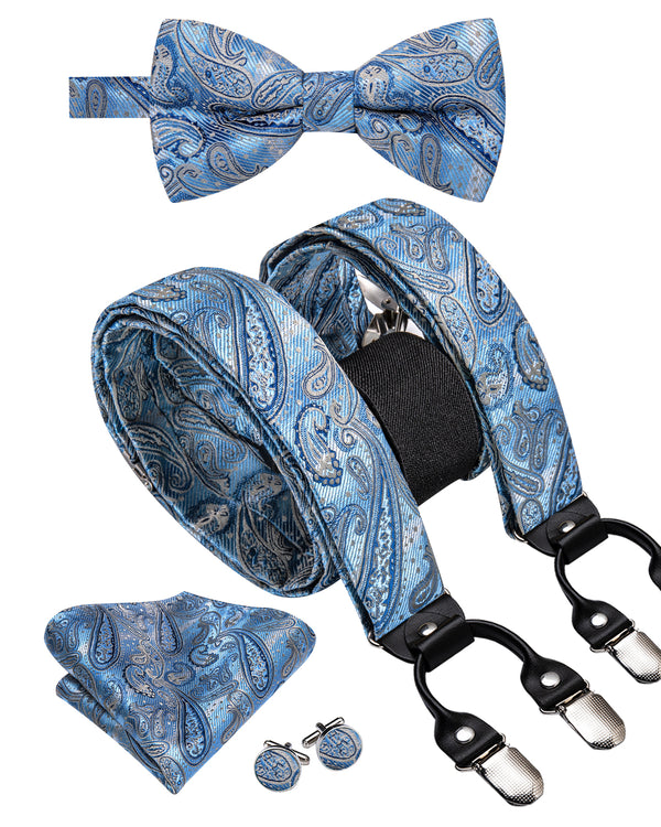 Sky Blue Paisley Y Back Brace Clip-on Men's Suspender with Bow Tie Set