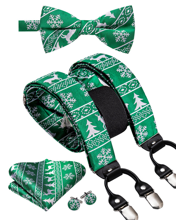 Christmas Green White Deer Novelty Y Back Brace Clip-on Men's Suspender with Bow Tie Set