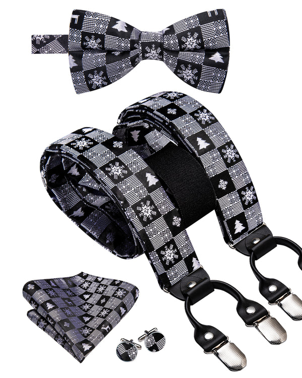 Christmas Black White Tree Novelty Y Back Brace Clip-on Men's Suspender with Bow Tie Set