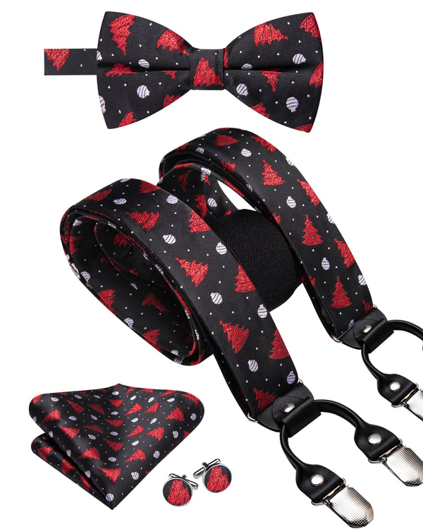 Christmas Black Red Tree Novelty Y Back Brace Clip-on Men's Suspender with Bow Tie Set