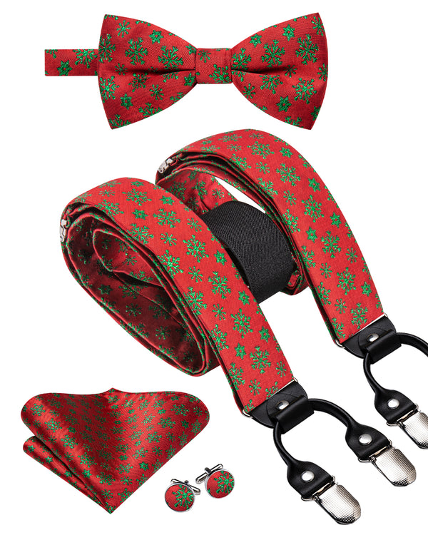 Christmas Red Green SnowFlake Novelty Y Back Brace Clip-on Men's Suspender with Bow Tie Set