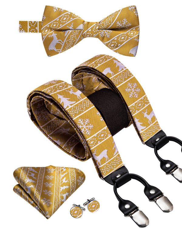 Christmas GoldEnrod White Deer Novelty Y Back Brace Clip-on Men's Suspender with Bow Tie Set