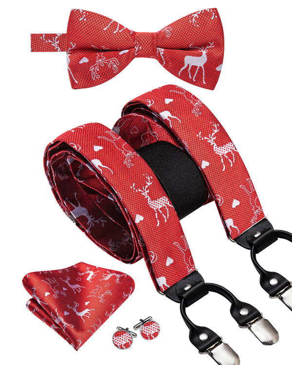 Christmas Red White Deer Novelty Y Back Brace Clip-on Men's Suspender with Bow Tie Set