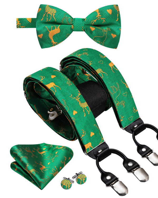 Christmas Green Golden Deer Novelty Y Back Brace Clip-on Men's Suspender with Bow Tie Set