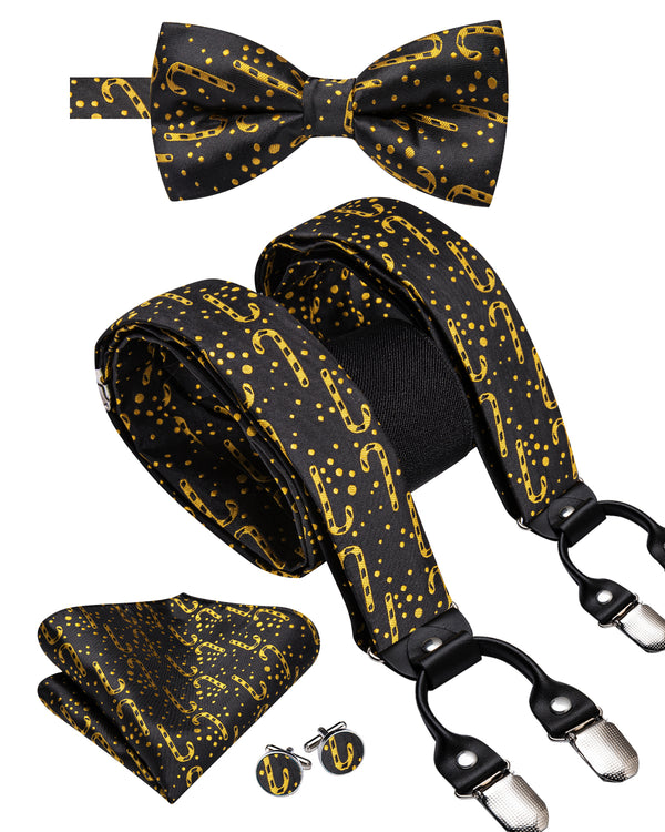 Christmas Black Golde Candy Cane Novelty Y Back Brace Clip-on Men's Suspender with Bow Tie Set
