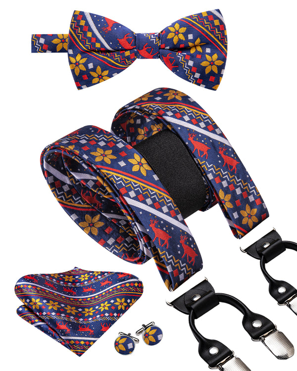 Christmas Navy Blue Red Deer Novelty Y Back Brace Clip-on Men's Suspender with Bow Tie Set