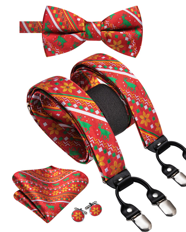 Christmas Red Green Deer Novelty Y Back Brace Clip-on Men's Suspender with Bow Tie Set