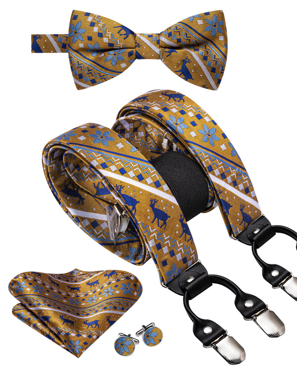 Christmas Brown Skyblue SnowFlake Novelty Y Back Brace Clip-on Men's Suspender with Bow Tie Set