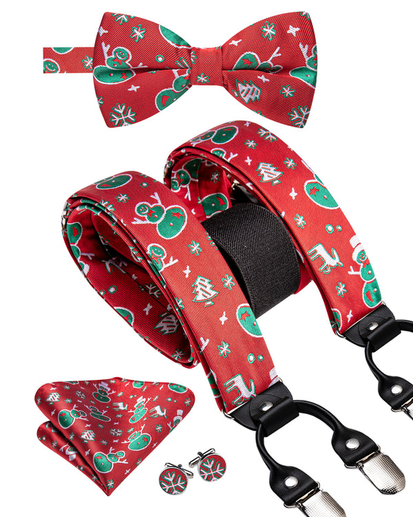 Christmas Red Green Snowman Novelty Y Back Brace Clip-on Men's Suspender with Bow Tie Set