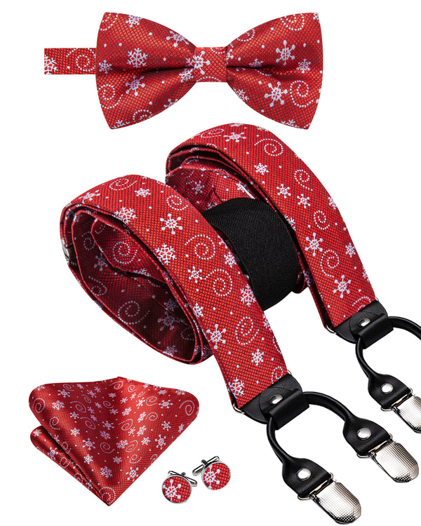 Christmas Red White SnowFlake Novelty Y Back Brace Clip-on Men's Suspender with Bow Tie Set